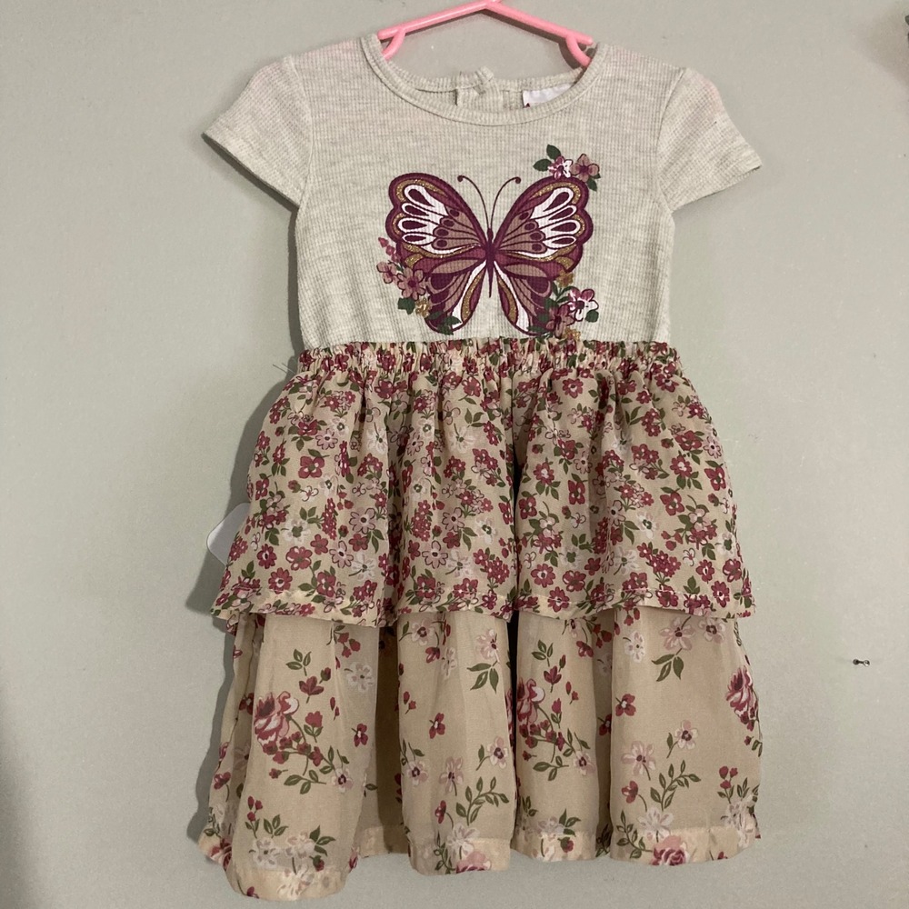 Little Lass Butterfly Floral Dress Toddler 2T Cream Pink Cottage core